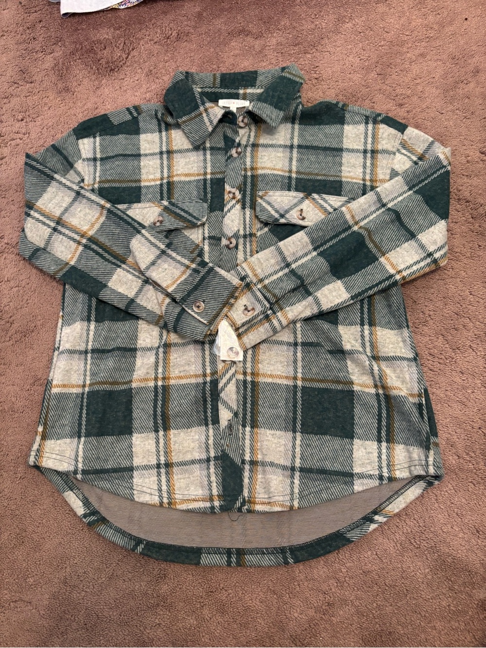 Ultra Flirt Green Cream and Mustard Plaid Button-Down Shirt Jacket